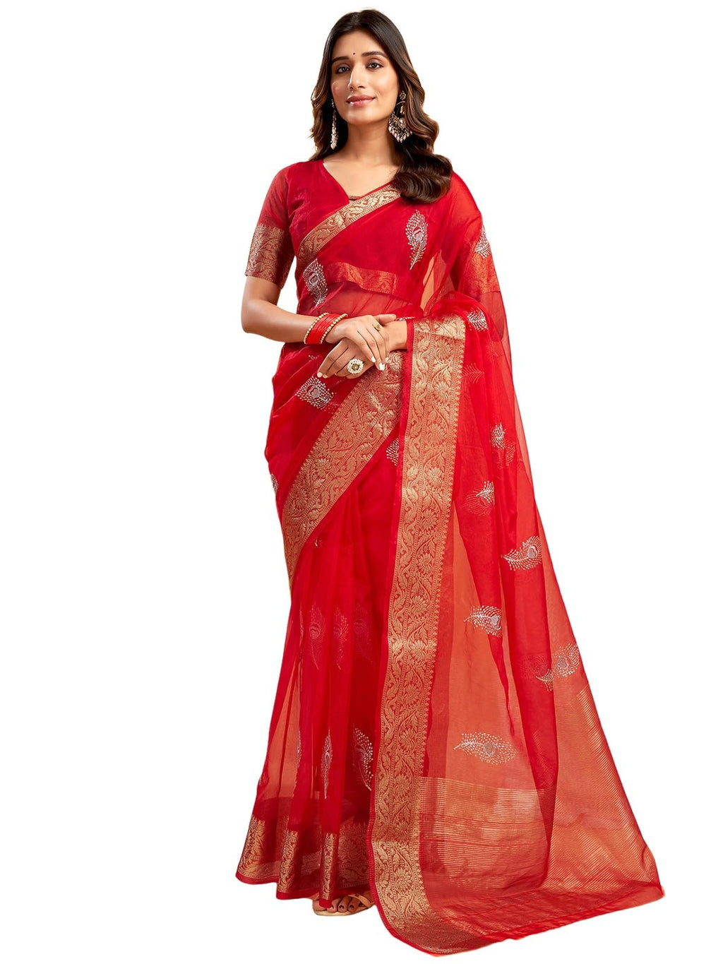 Satrani Womens Organza Sequins Embroidery Jacquard Saree with Unstitched Blouse Piece (4031S656N_Red)