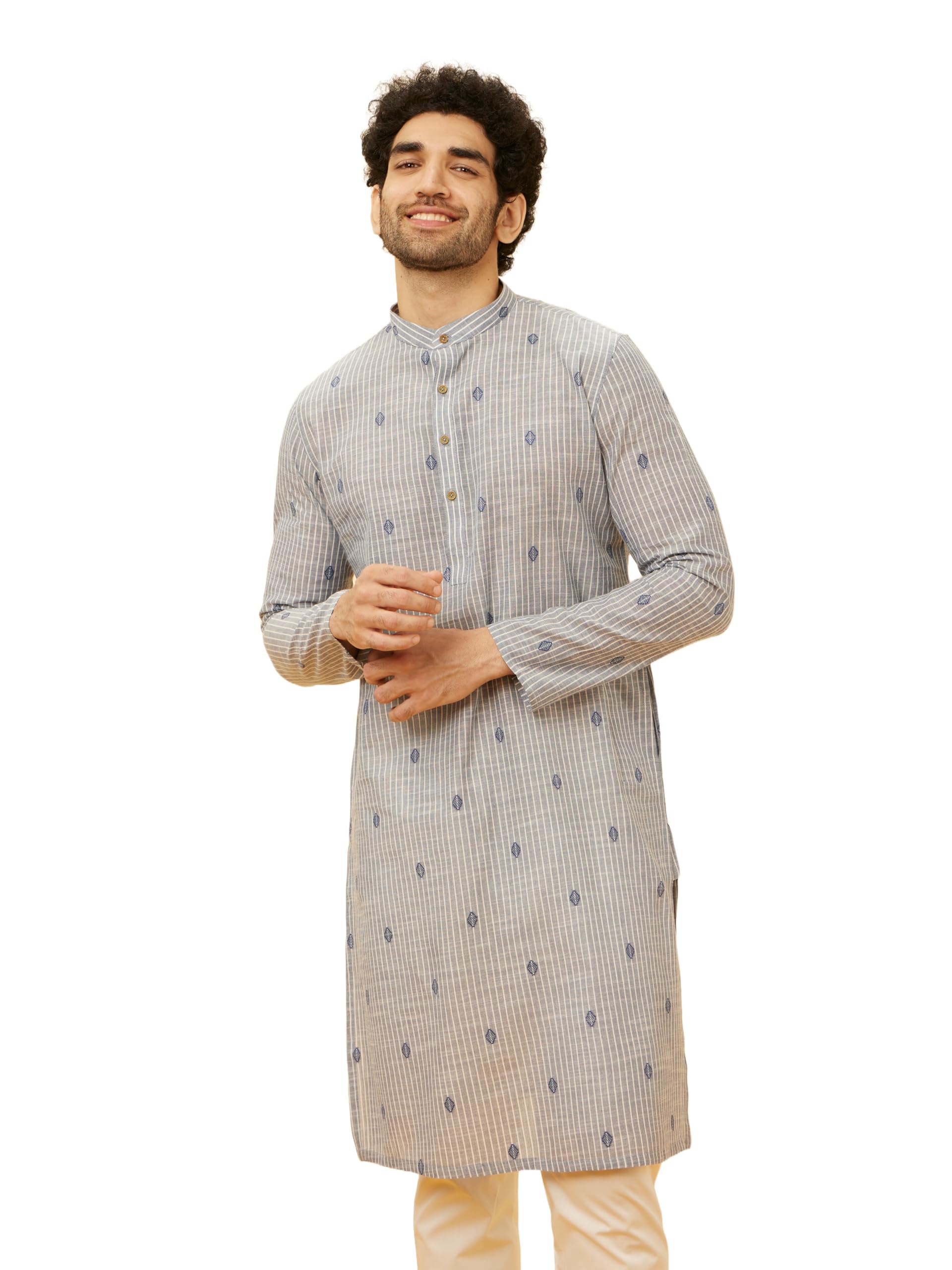 Manyavar Mens Striped Cotton Kurta, Full Sleeves With Mandarian Collar, Art Silk, Knee Length Kurtas For Casual Wear (Grey, L)