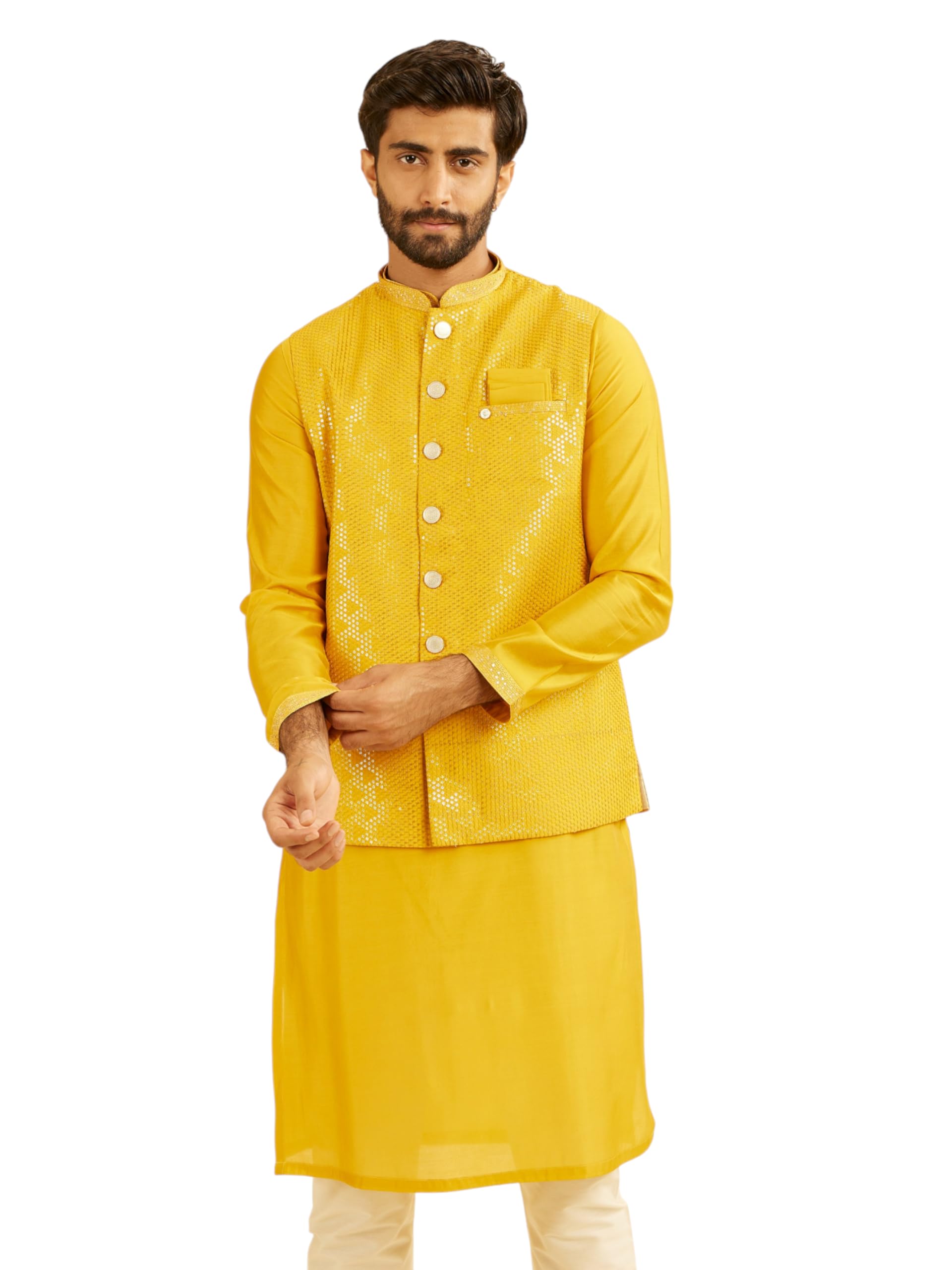 Manyavar Mens Viscose Blend Honeycomb Embroidery & Sequins Kurta Jacket Set (Mustard,XXL)