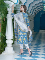 Gosriki Women'S Cotton Blend Straight Printed Kurta With Pant & Dupatta (Rahi