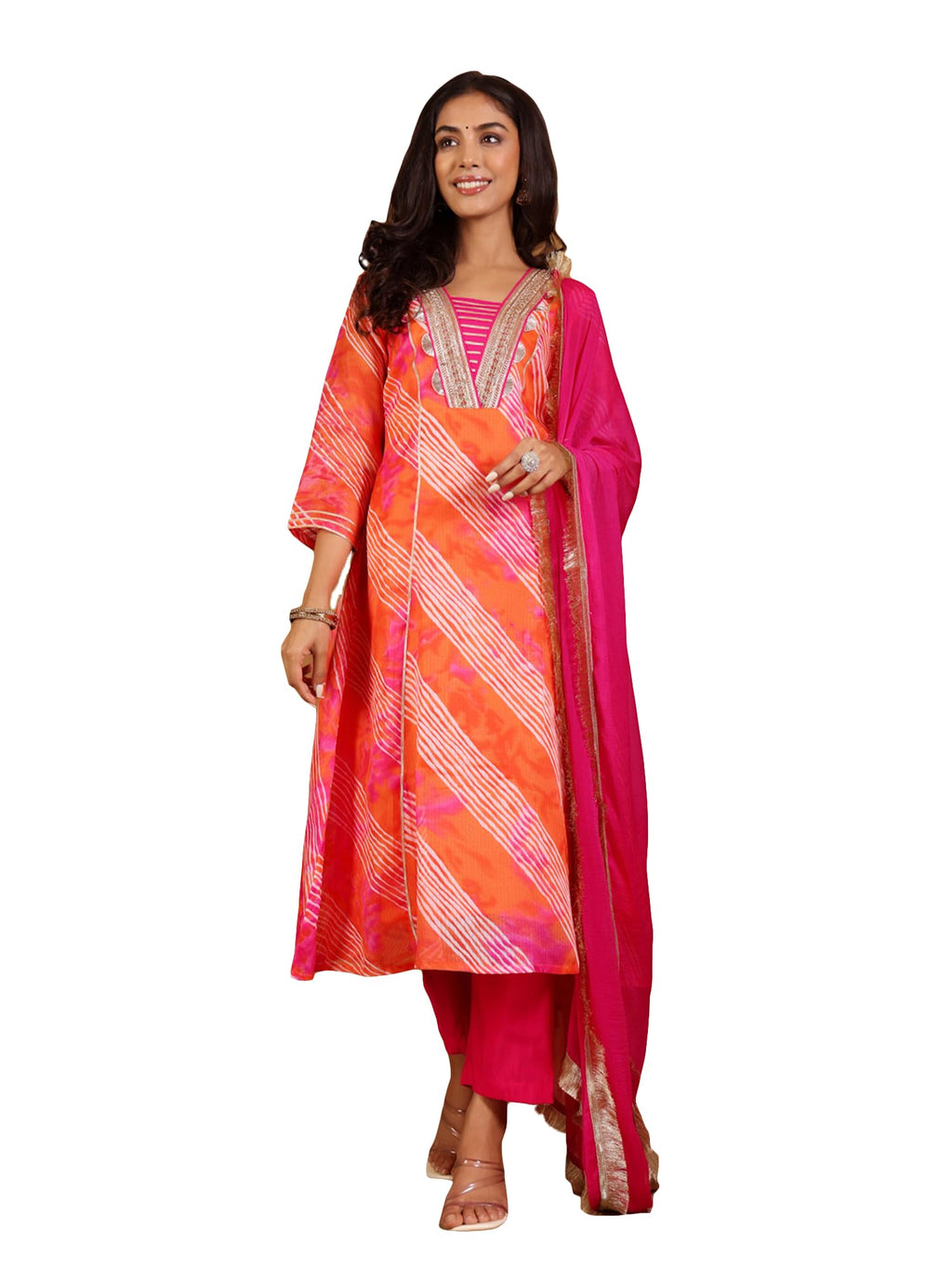 Varanga Leheriya Printed Gota & Zari Embelished Anarkali Kurta Paired With Bottom And Dupatta Fuchsia