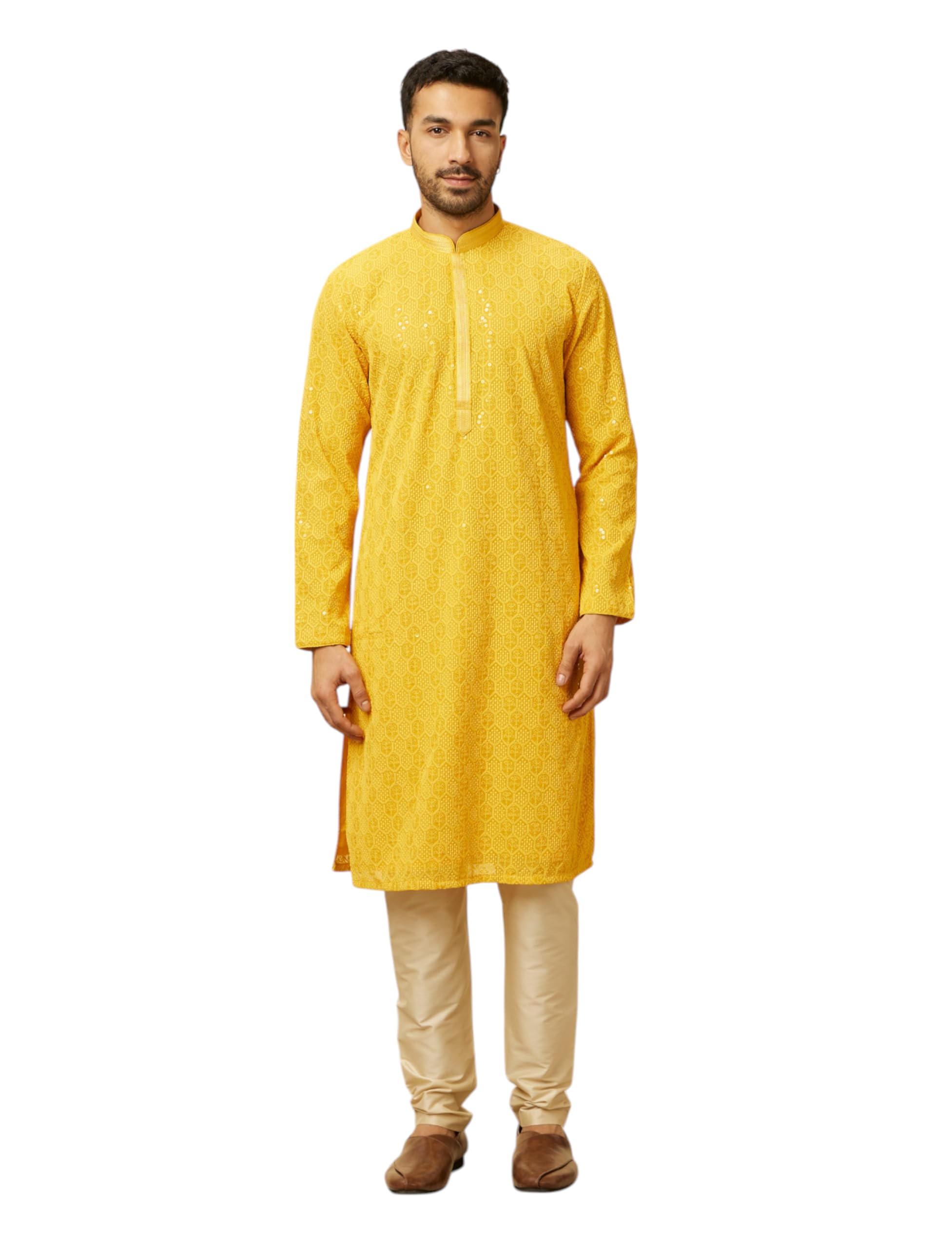 Manyavar Mens Georgette Chikankari & Zari Kurta Set (Mustard,XXXL)
