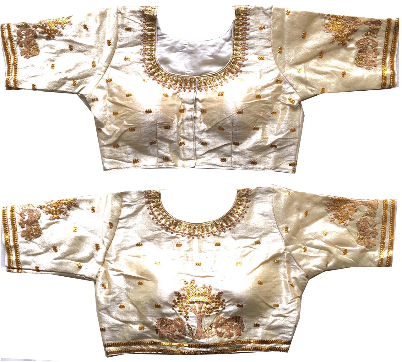 Pujia Mills WomenS Multicolor Phantom Silk Heavy Elephant Gold Thread Embroidery Sequins Zari Work Half Sleeves Readymade Saree