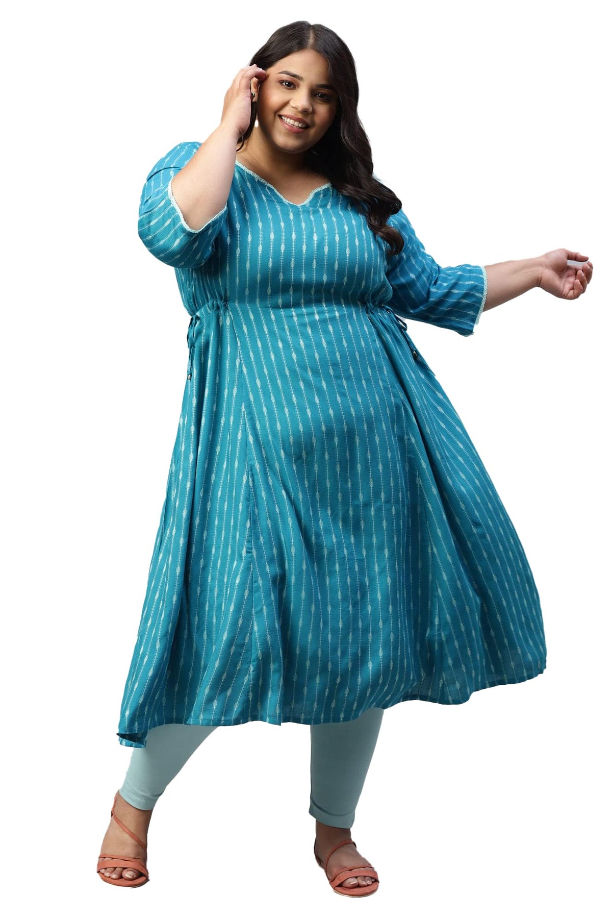 Aurelia Women Teal Dobby Geometric Yarn Dyed Straight Kurta_22AUA13352P-702534_4XL