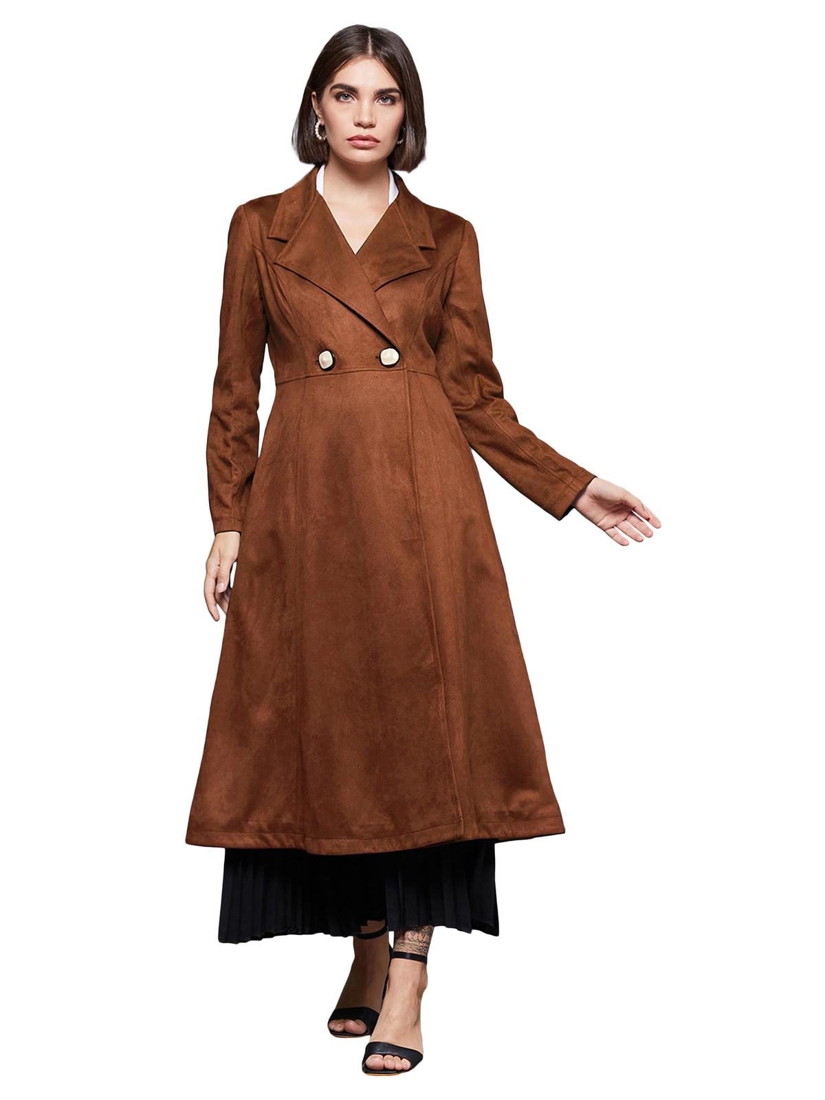 Miss Chase Womens Solid VNeck Full Sleeves Side Pocketed Longline Jacket (Plus Size) (MCAW22JKT03465909, Brown, 4XL) 4