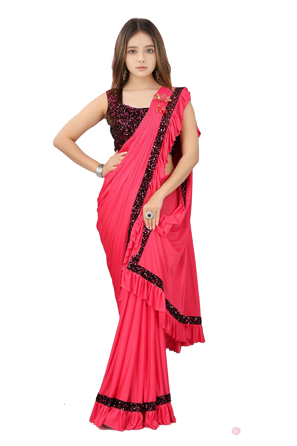Dhyey Fashion Baby Girls Lycra Blend Saree With Unstitched Blouse  Elegant & Comfortable Saree For Baby Girls,Soft And Stretchy 