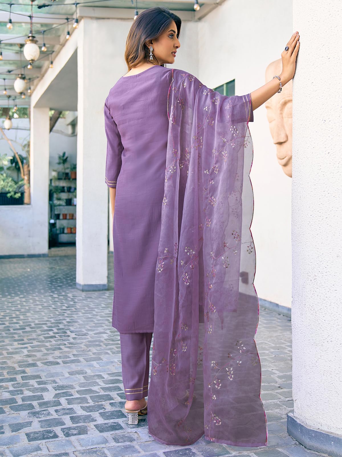 Sanisa Women'S Silk Blend Sequence And Embroidery Work Straight Kurta With Pant And Dupatta Set