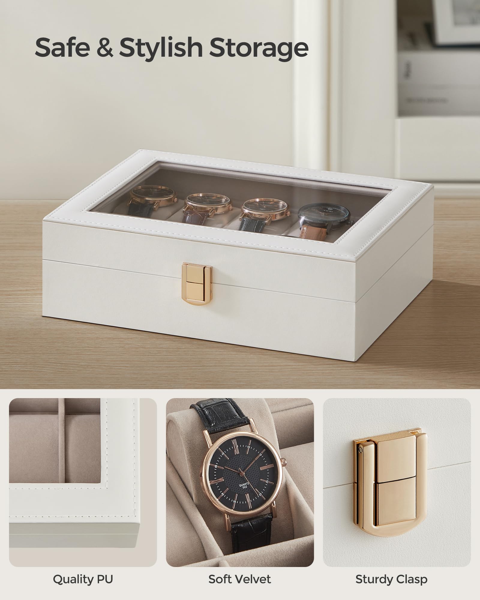 SONGMICS Watch Box, 10-Slot Watch Case with Large Glass Lid, Removable Watch Pillows, Watch Box Organizer, Gift for Loved Ones,
