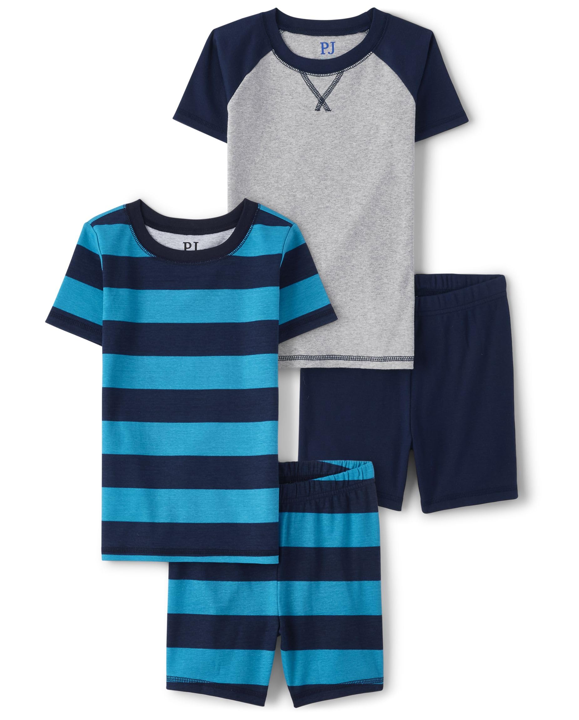The Children's Place Boys Short Sleeve Top And 100% Cotton 4 Piece 2-pack Pajama Set, H/T Mist | Rugby Stripe_coastal | Tidal, 5