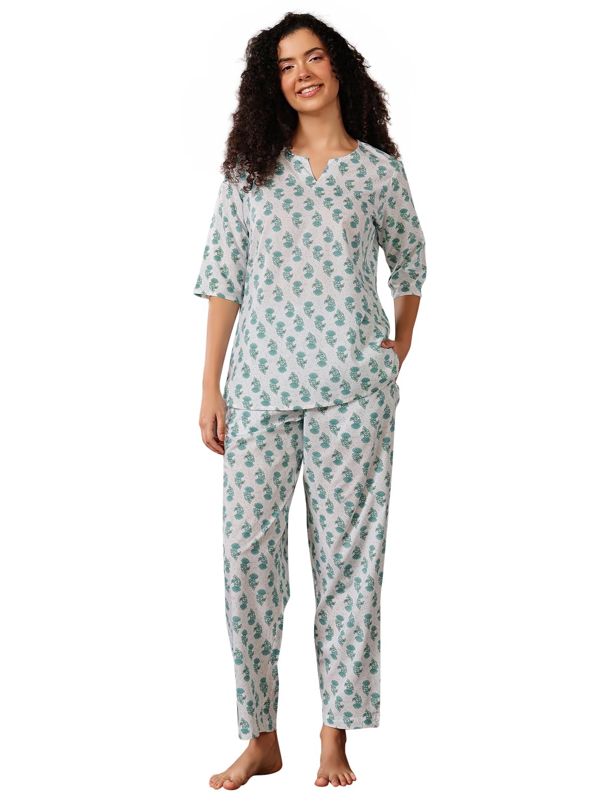 Clovia Womens Cotton Pretty Florals Top & Pyjama (LS0514P17_Green_M)
