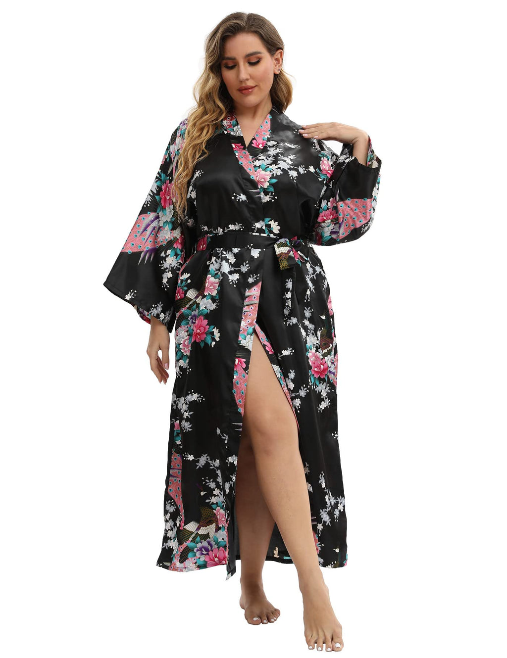 feslieacc Women's Long Robes Plus Size Long Satin Robes Black Floral Long Silk Robes Dressing Gown, Black, 2XL/3XL