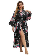feslieacc Women's Long Robes Plus Size Long Satin Robes Black Floral Long Silk Robes Dressing Gown, Black, 2XL/3XL