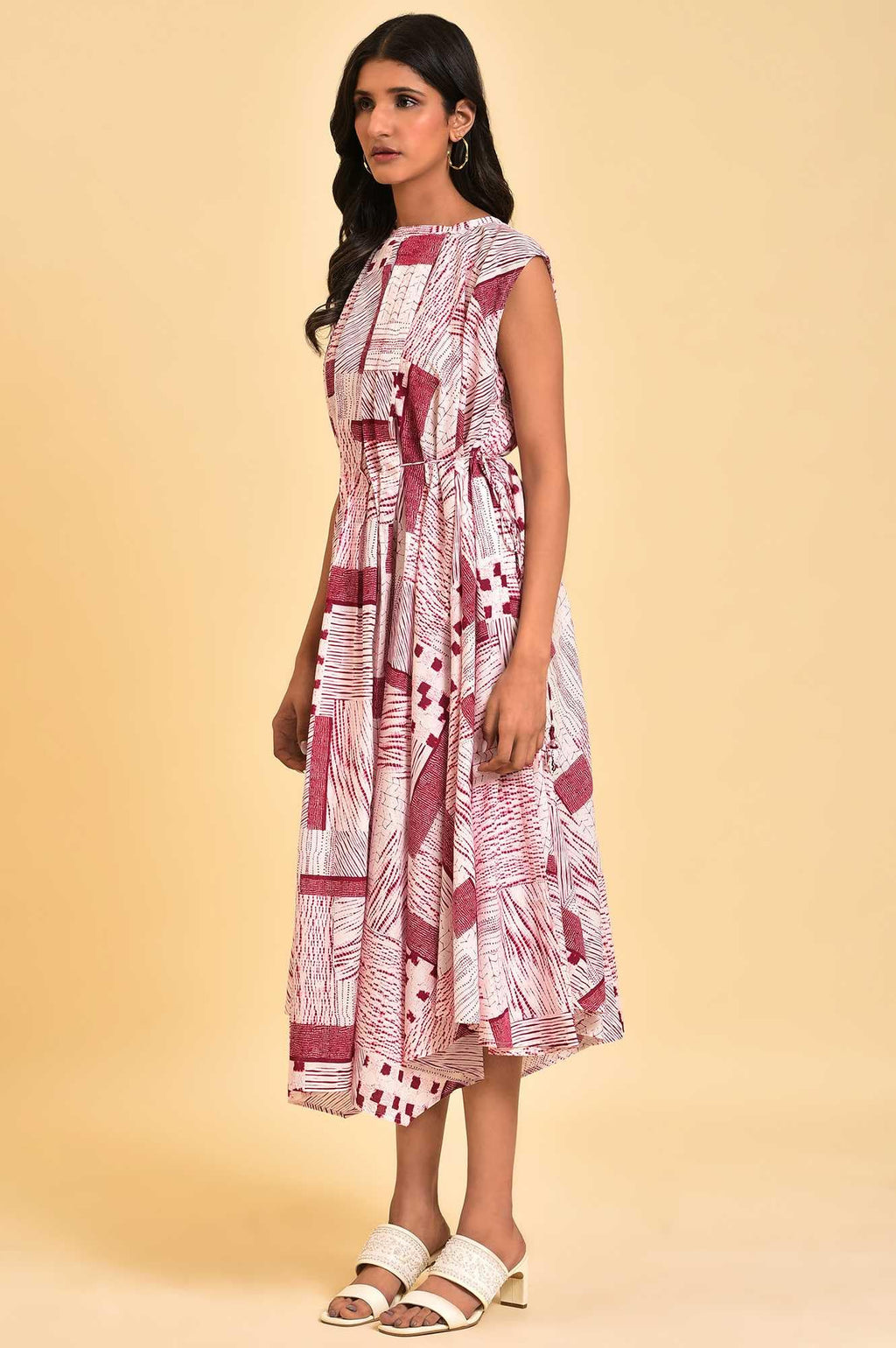W For Woman WomenS Cotton Red Abstract Printed Flared Vacay Dress Ankle Length 23Few18769-120826 Bud