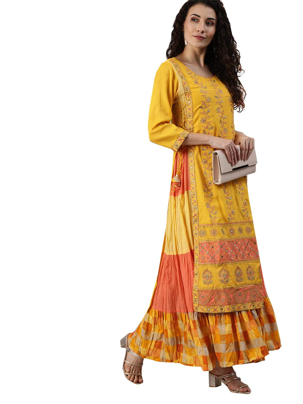 Ishin Women'S Rayon Yellow Embroidered Layered Kurta
