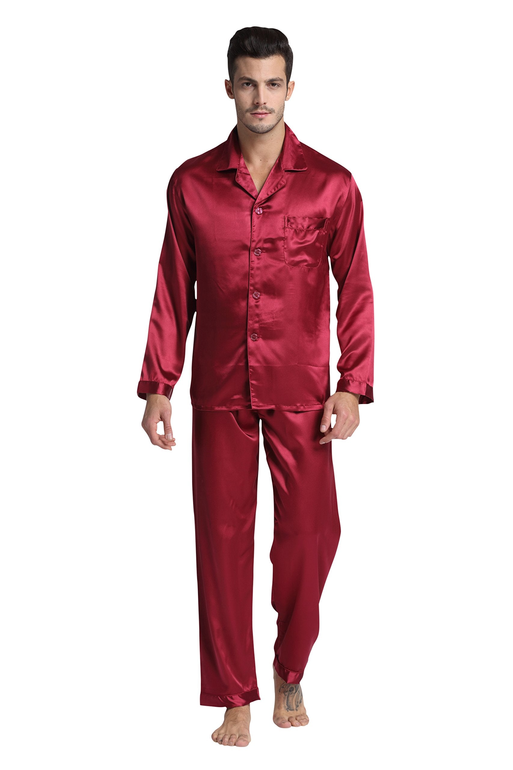 TONY & CANDICE Men's Classic Satin Pajama Set Sleepwear (Burgundy, XXXX-Large)