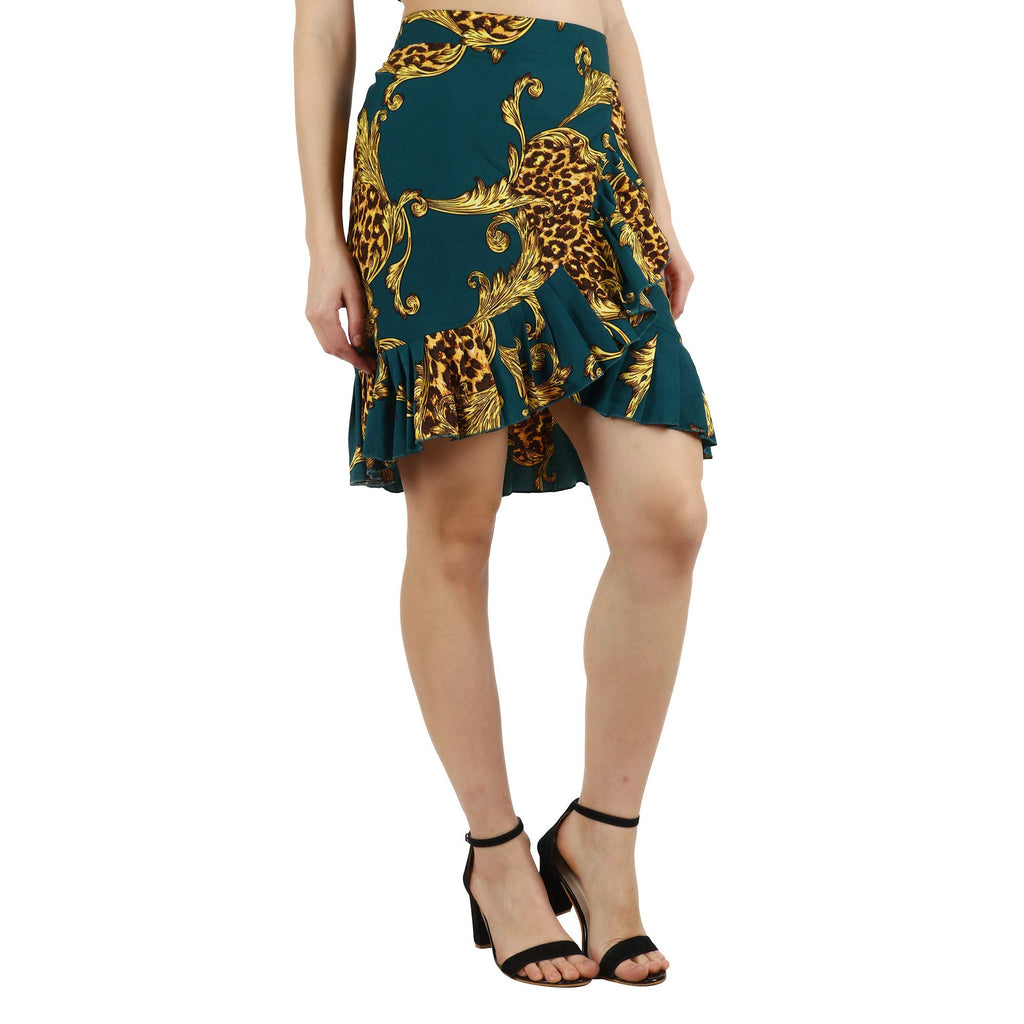 POPWINGS Casual Dark Green Golden Animal Printed Frill Mini Skirt for Women || Latest Stylish Western Knee-Length Women Skirt ||