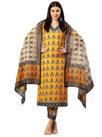 ANNI DESIGNER Womens Cotton Blend Straight Printed Kurta with Pant & Dupatta (Uchiha Mustard-FKA_L_Mustard_Large)