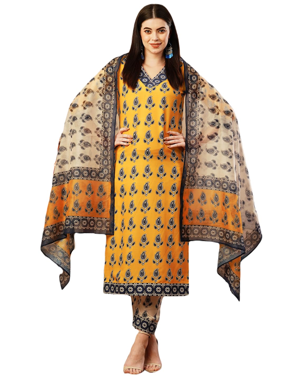 ANNI DESIGNER Womens Cotton Blend Straight Printed Kurta with Pant & Dupatta (Uchiha Mustard-FKA_L_Mustard_Large)