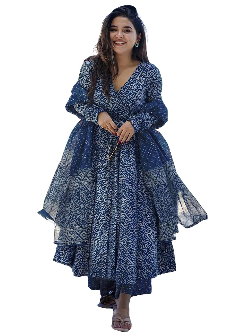 ANNI DESIGNER Womens Rayon Viscose Anarkali Printed Kurta with Palazzo & Dupatta (Sinners Blue_L_Blue_Large)