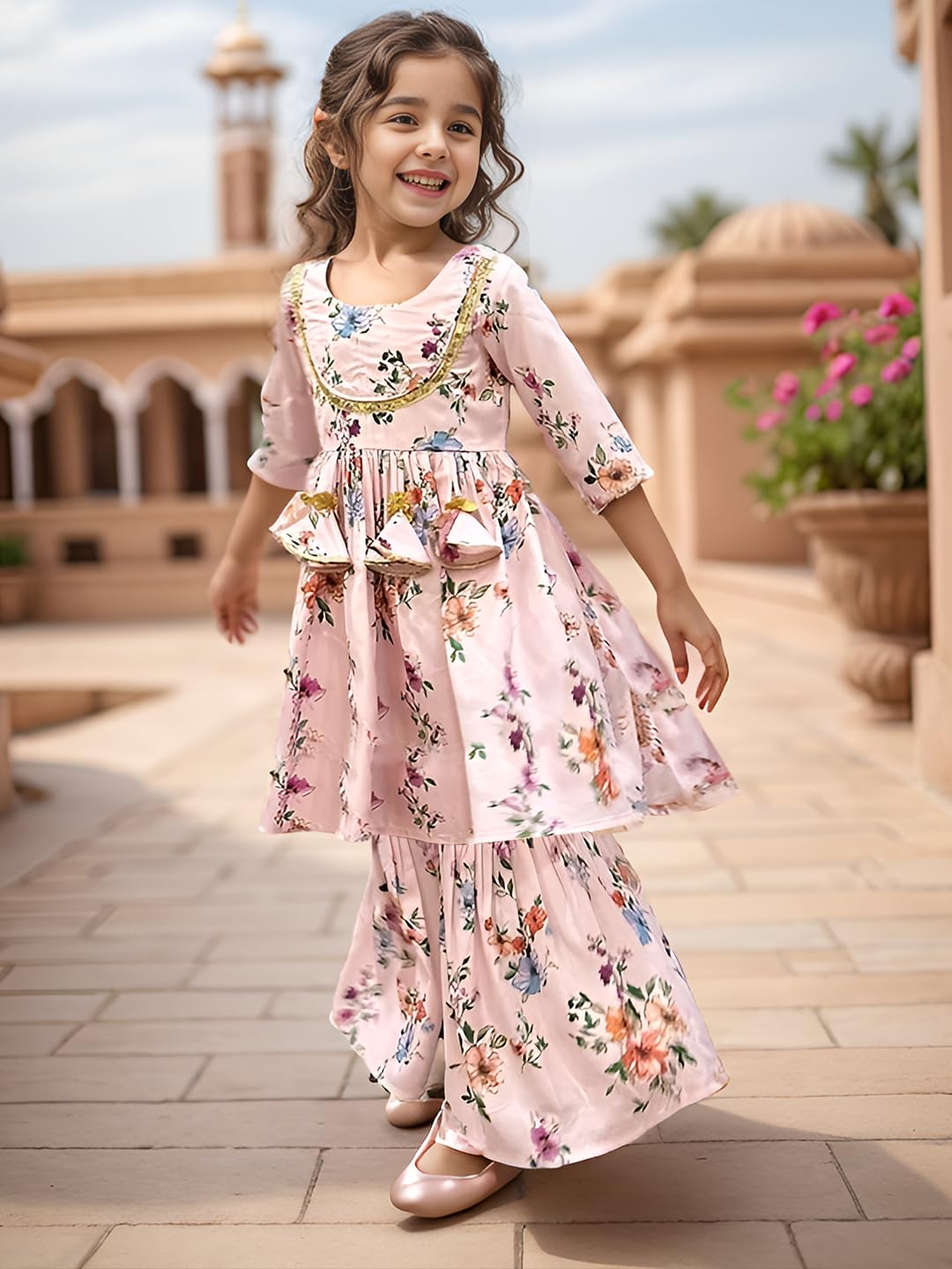 A.T.U.N. (All Things Uber Nice) A.T.U.N. Girls Ethnic Wear Sharara | Floral White And Pink Printed Kurta With Sharara Set For Gi