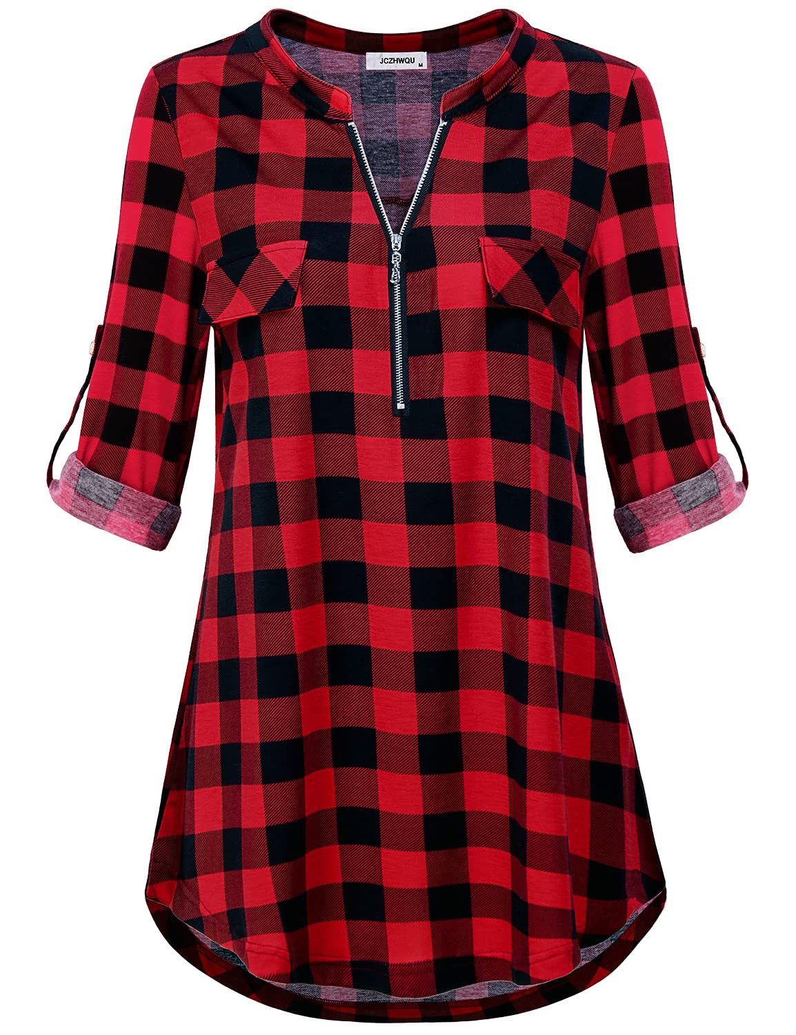Red Plaid Shirt Women, Juniors Tops Zip Up Round Neck 3/4 Rolled Sleeve Stylish Trendy Buffalo Check Holiday Tunic Tee to Wear w