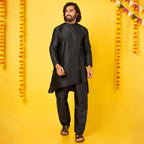 Bon Organik Black Silk Kurta With Pajama Set For Men