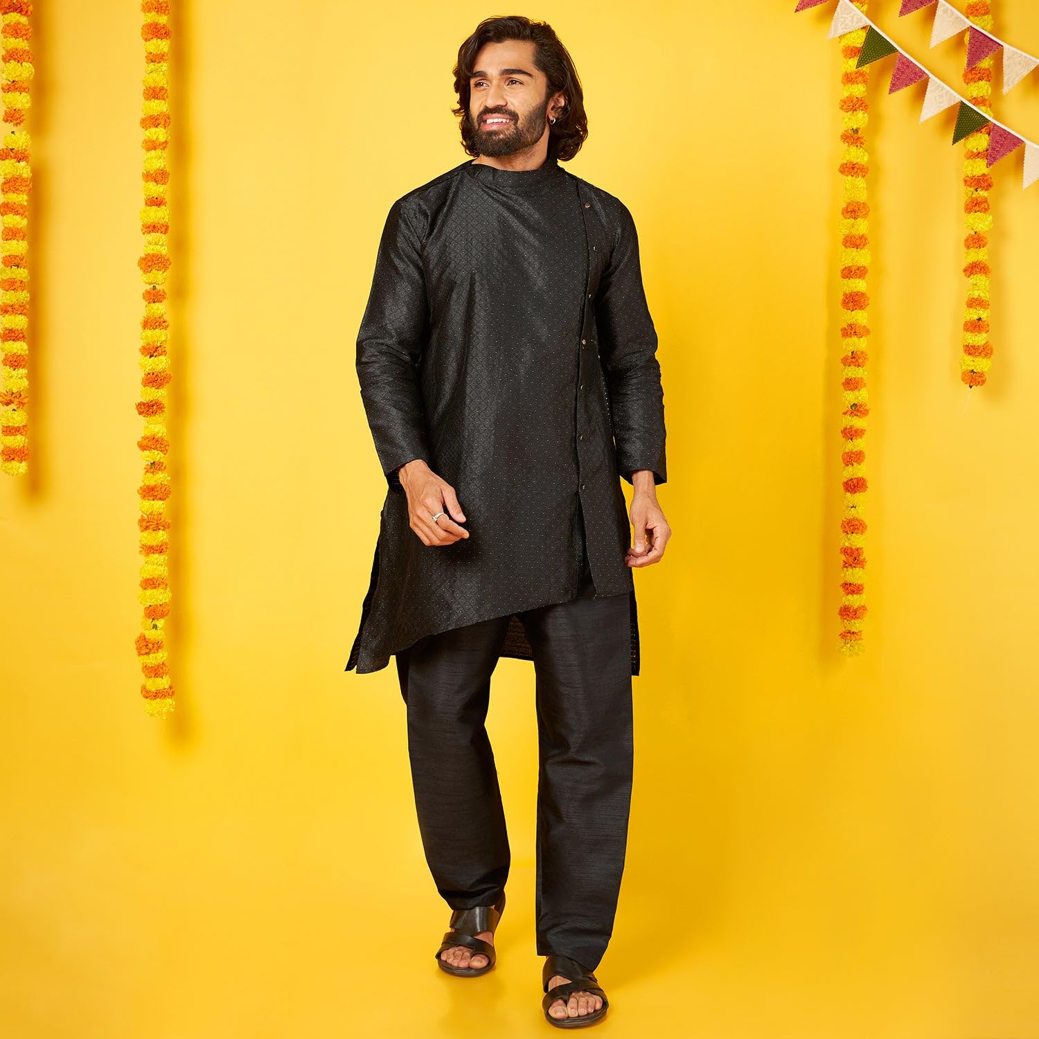 Bon Organik Black Silk Kurta With Pajama Set For Men