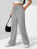 Sugathari Womens Light Grey Loose Wide-Leg Pants with Textured Wrinkled Fabric and Drawstring Waist Long Trousers (Trouser 157