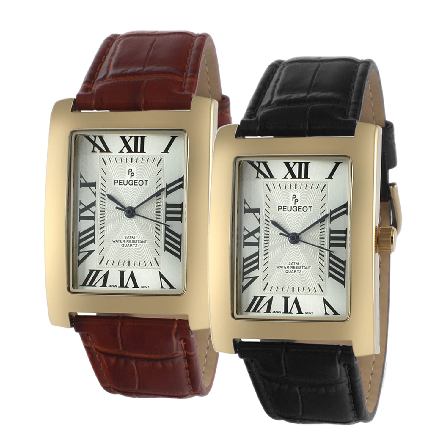 Peugeot Mens Vintage Tank Shape 14K Gold Plated Watch with Roman Numeral Dial