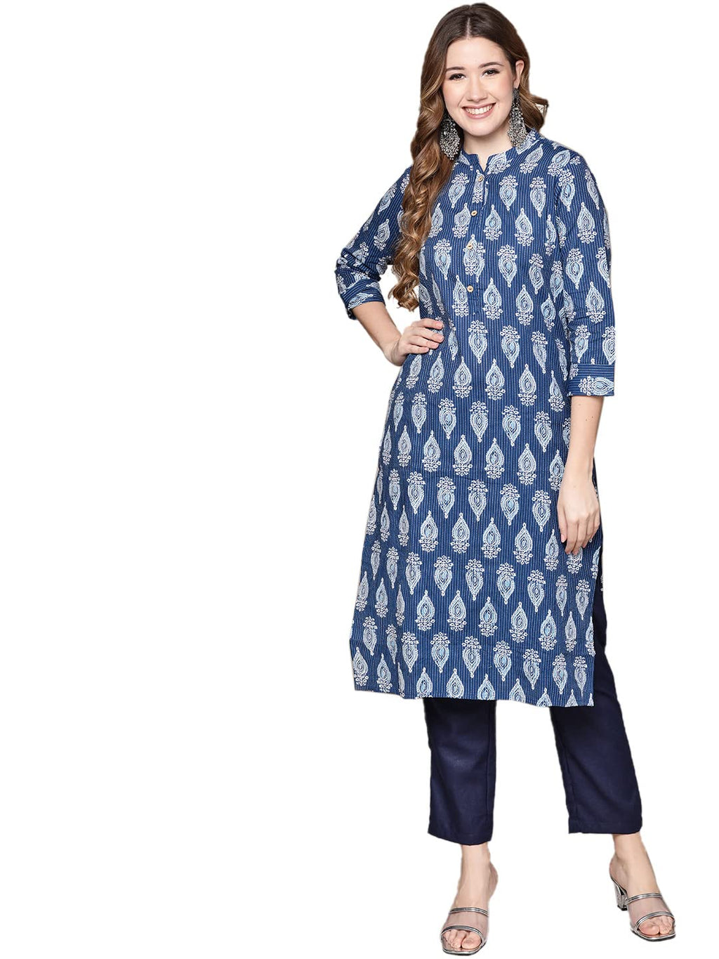 Anubhutee Women'S Cotton Blue Ethnic Motifs Woven Design Straight Kurta Suit Set With Trousers