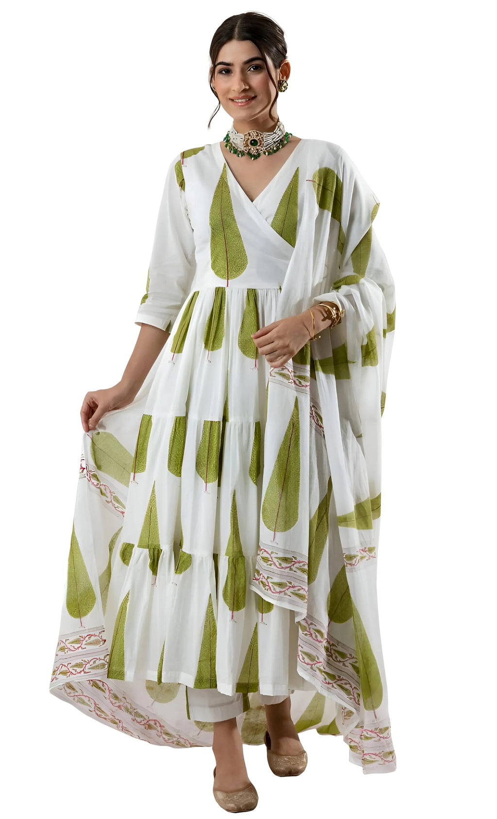 Sugathari Womens White Georgette Anarkali Floral Printed Kurta with Pant & Dupatta (Dress 113 White XL)