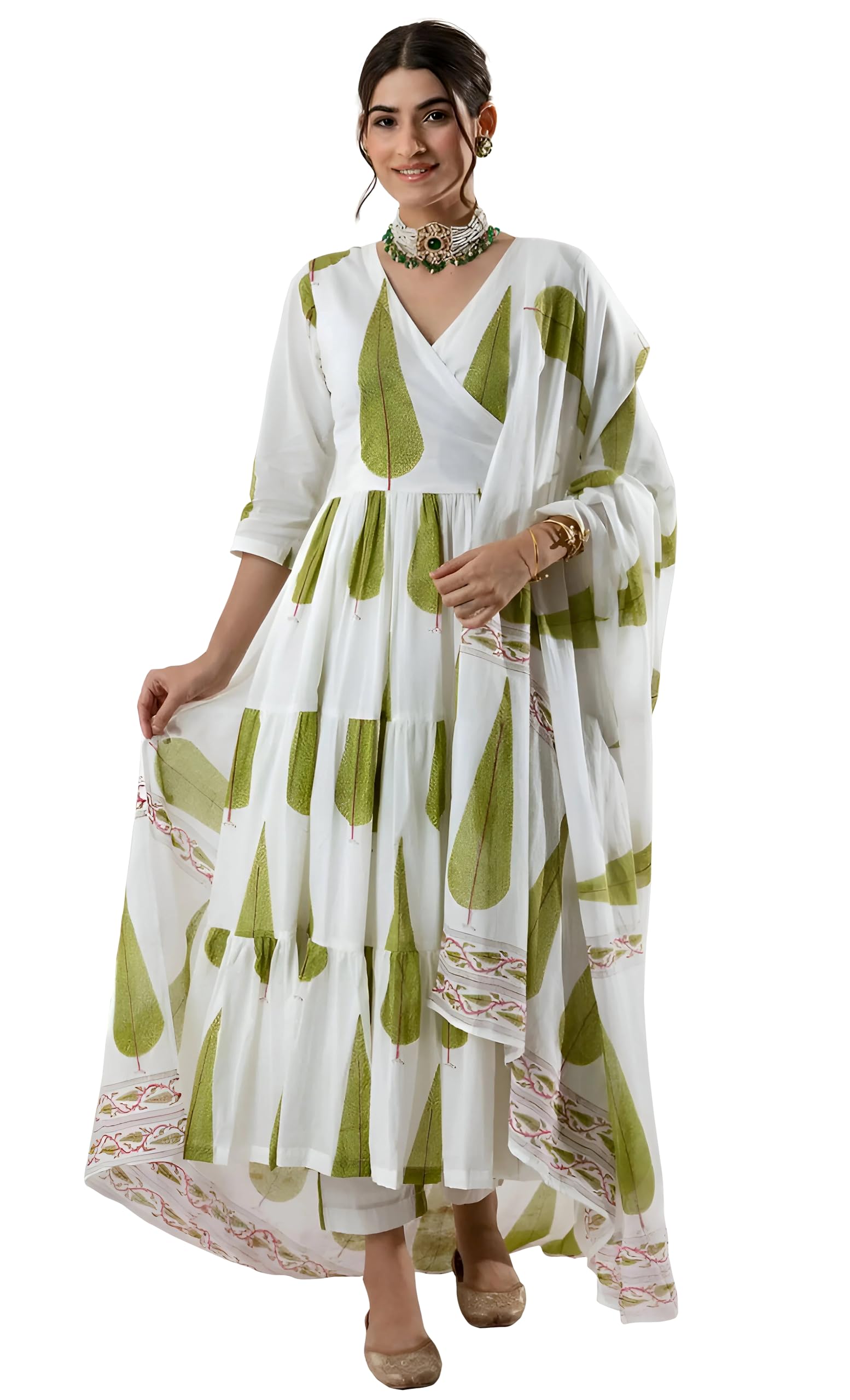 Sugathari Womens White Georgette Anarkali Floral Printed Kurta with Pant & Dupatta (Dress 113 White XL)