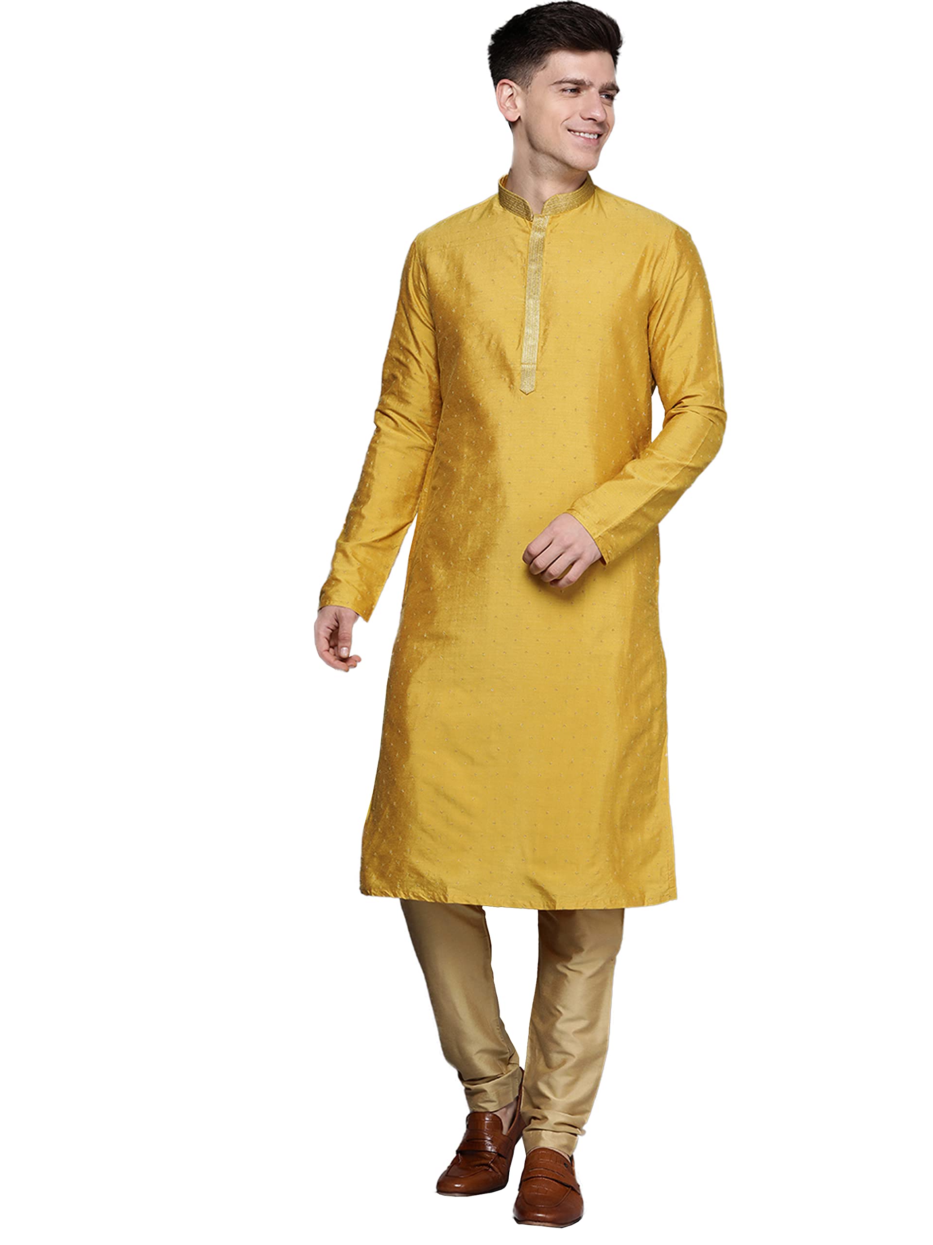 Manyavar Kurta Set for Men, Printed Knee Long Full Sleeves Kurta and Churidar Set for Men (Mustard, L)