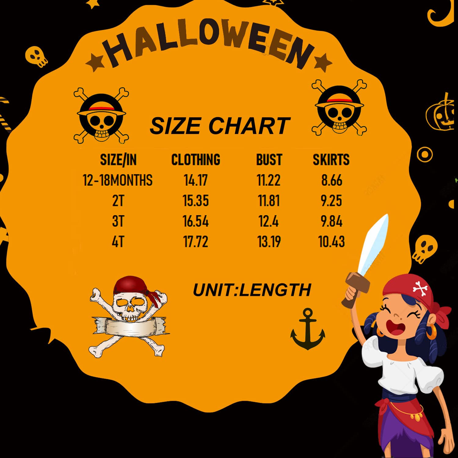 Auggle 3PC Toddler Baby Girl Outfits Halloween Costume Stripe Skirt Kid Pirate Short Sleeve with Hat (Red, 12-18 months)