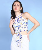 POPWINGS Women Casual White Eye Printed Sleeveless Halter Neck String Knot Crop Top