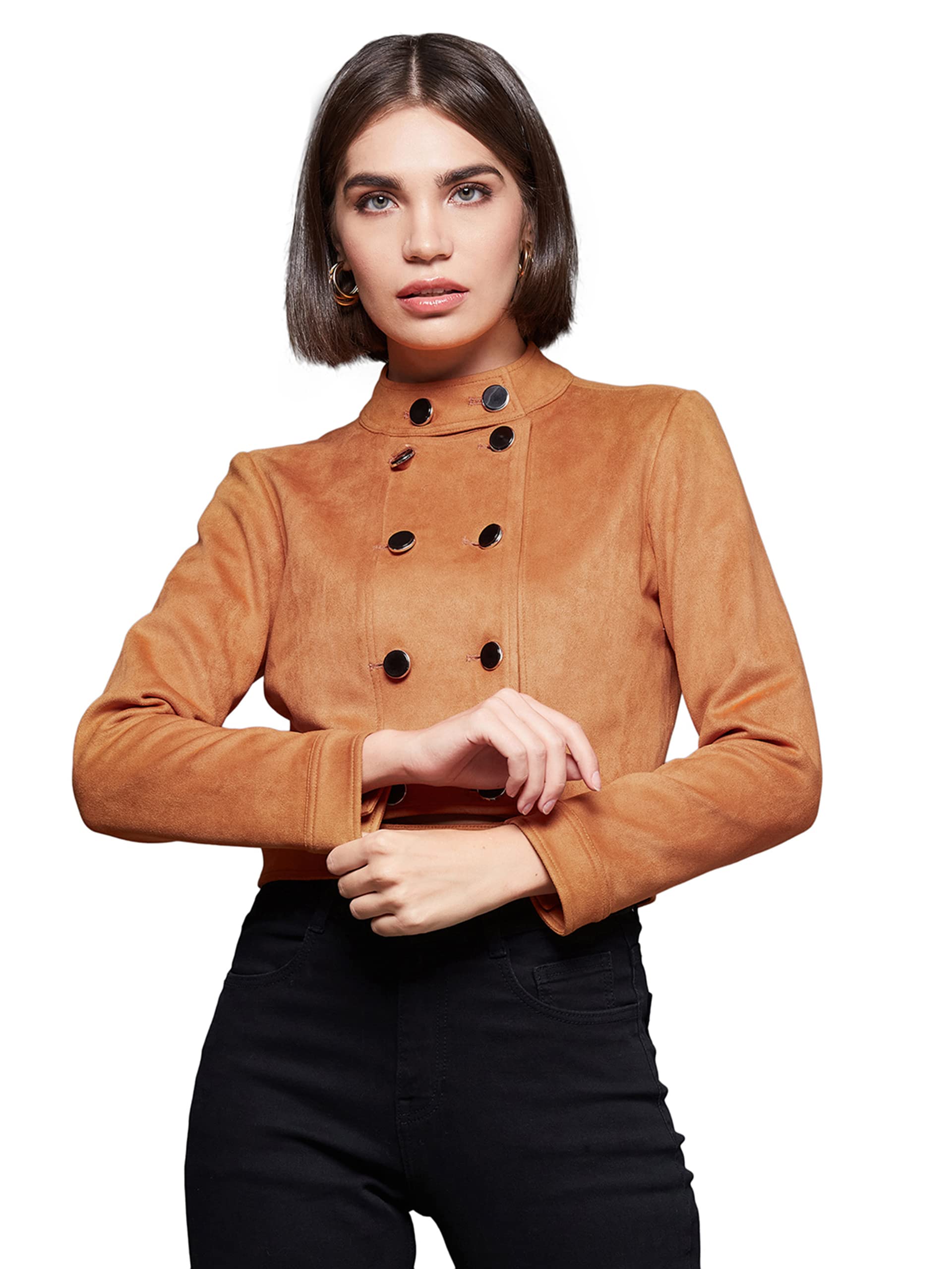Miss Chase WomenS Burnt Orange Mandarin Collar Full-Sleeve Solid Cropped Polyester Jacket (Mcaw22Jkt03-56-286-06, Burnt Orange, 
