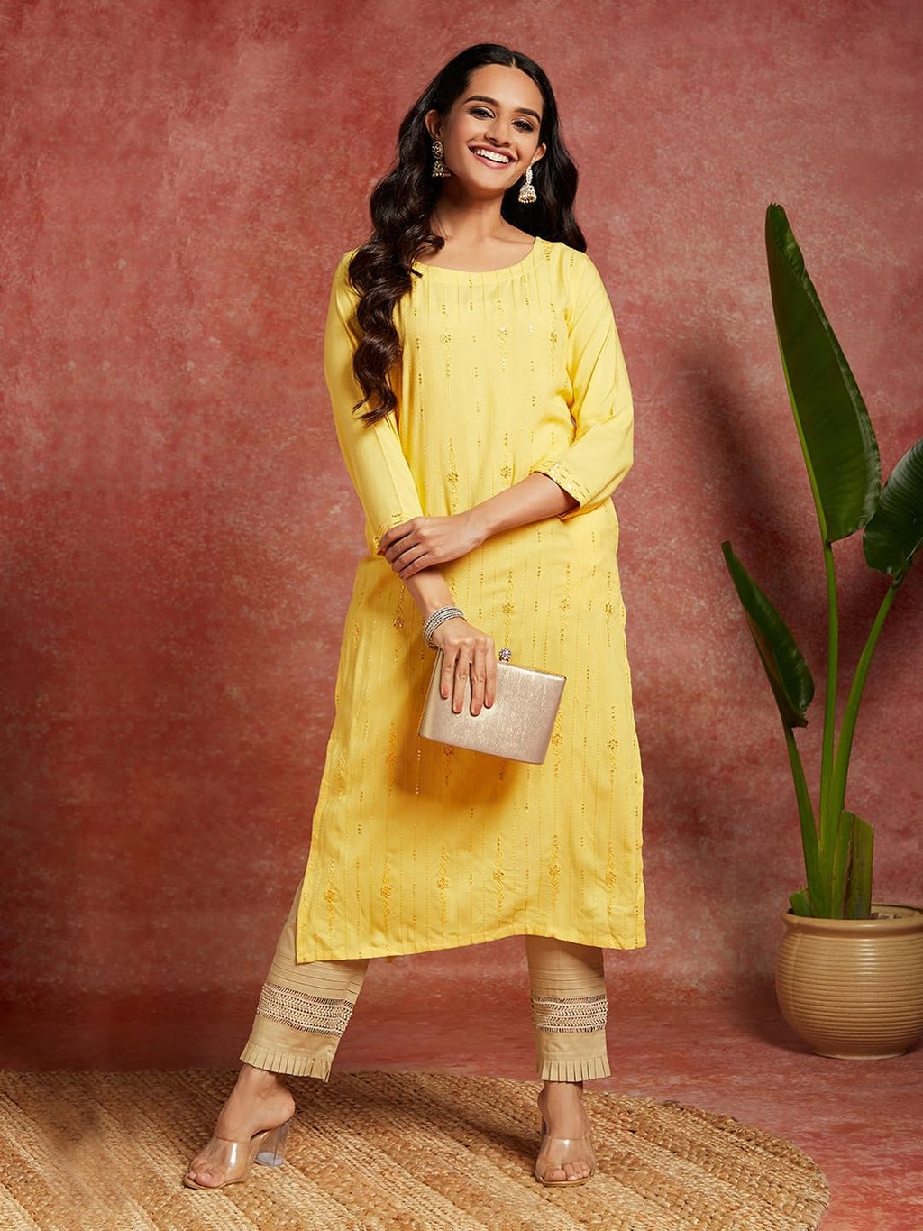 Libas Yellow Embroidered Rayon Straight Kurti