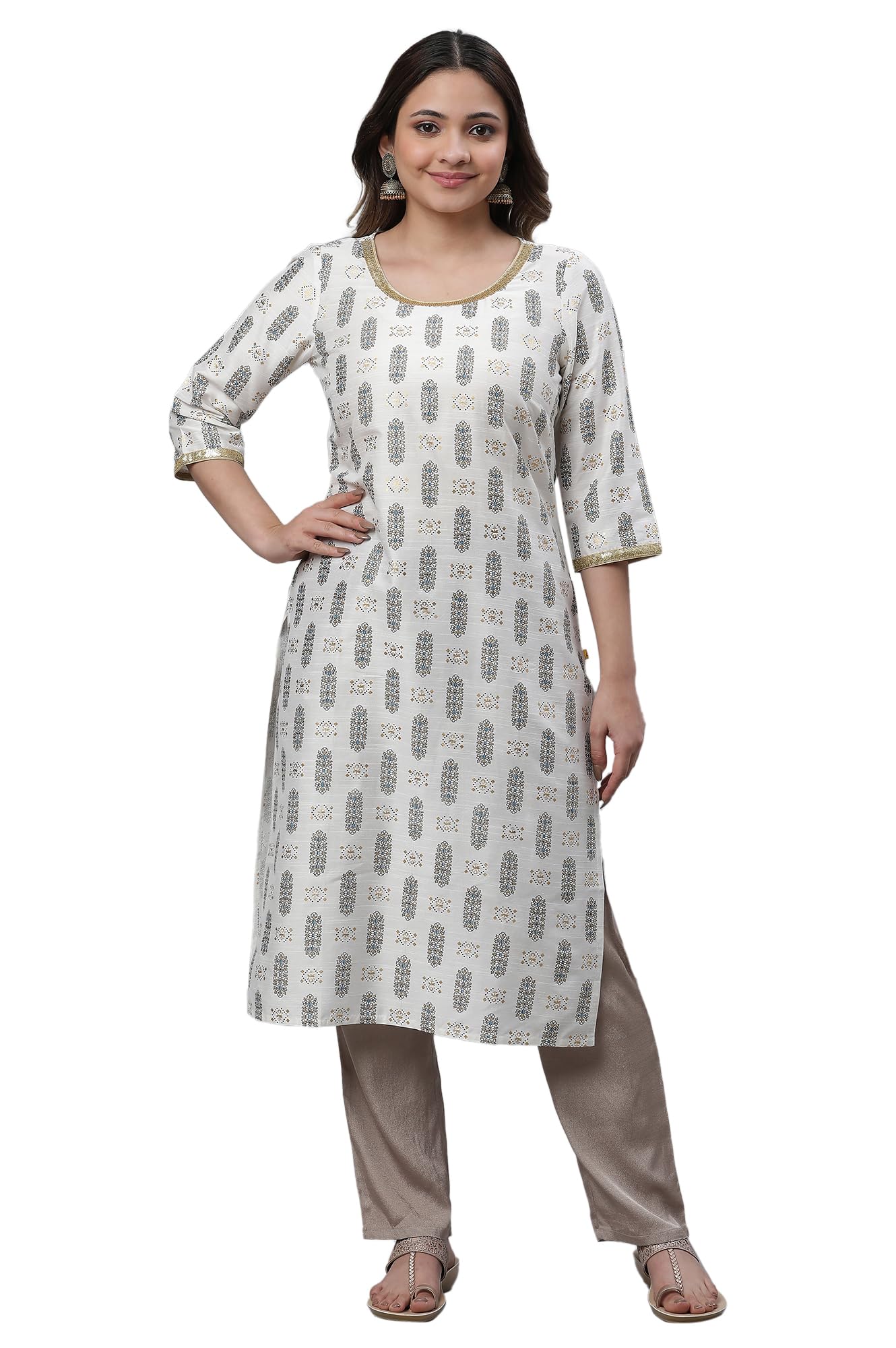 Aurelia Womens Pear White Geometric Print Viscose Straight Kurta_23AUA14456-505261_S