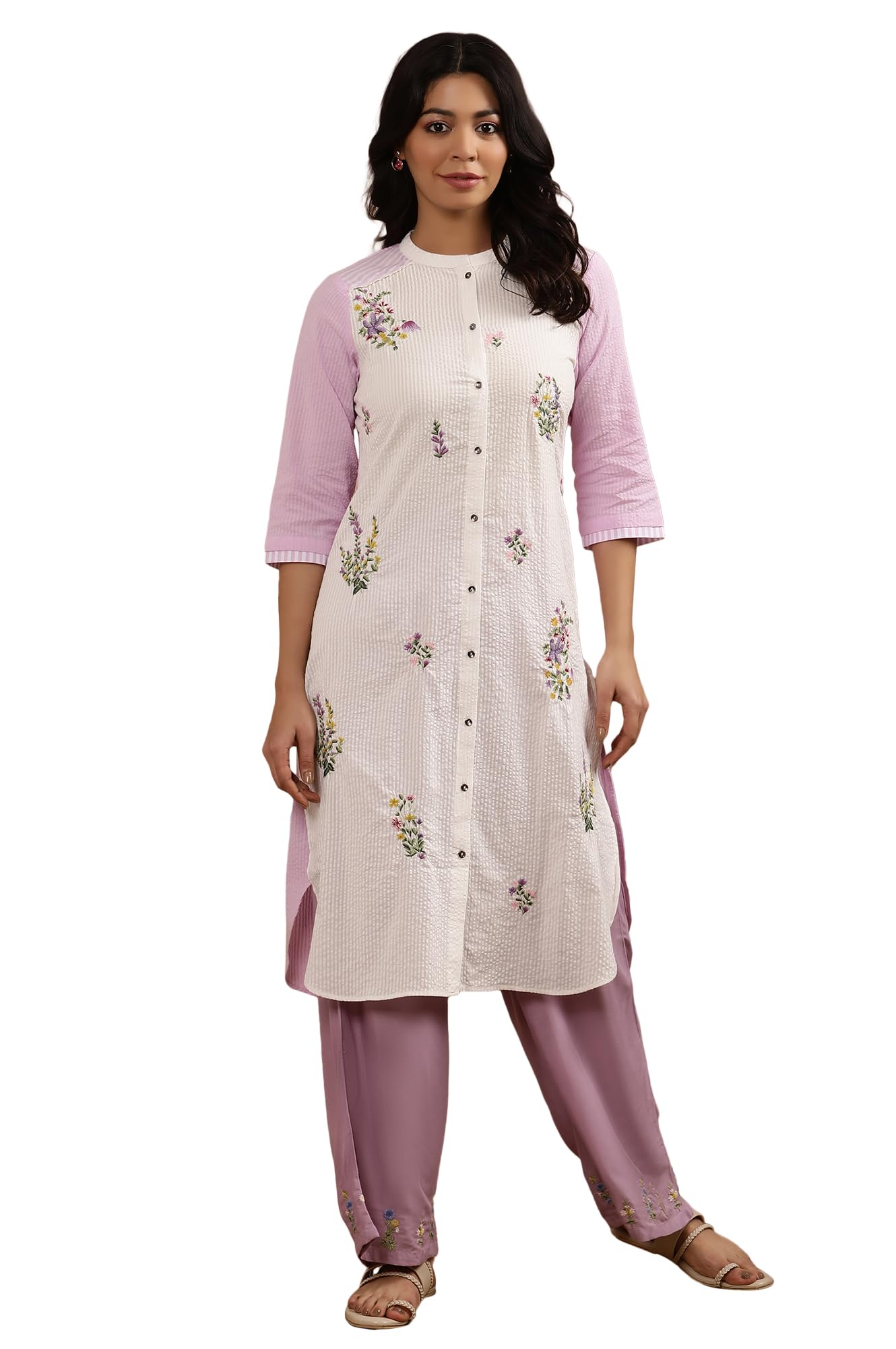 W Women'S Ecru Embroidered Cotton Kurta And Palazzo Set