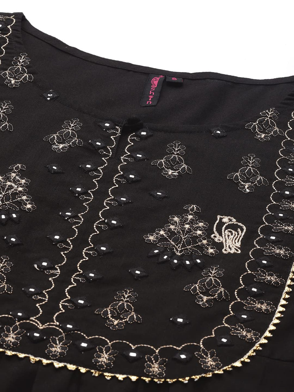 Ishin WomenS Cotton Black Embroidered A-Line Kurta Set With Trouser & Dupatta