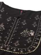 Ishin WomenS Cotton Black Embroidered A-Line Kurta Set With Trouser & Dupatta