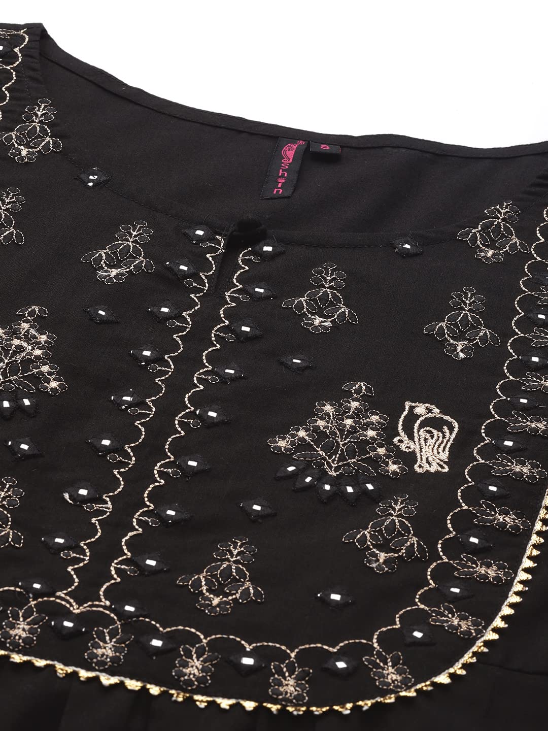 Ishin WomenS Cotton Black Embroidered A-Line Kurta Set With Trouser & Dupatta