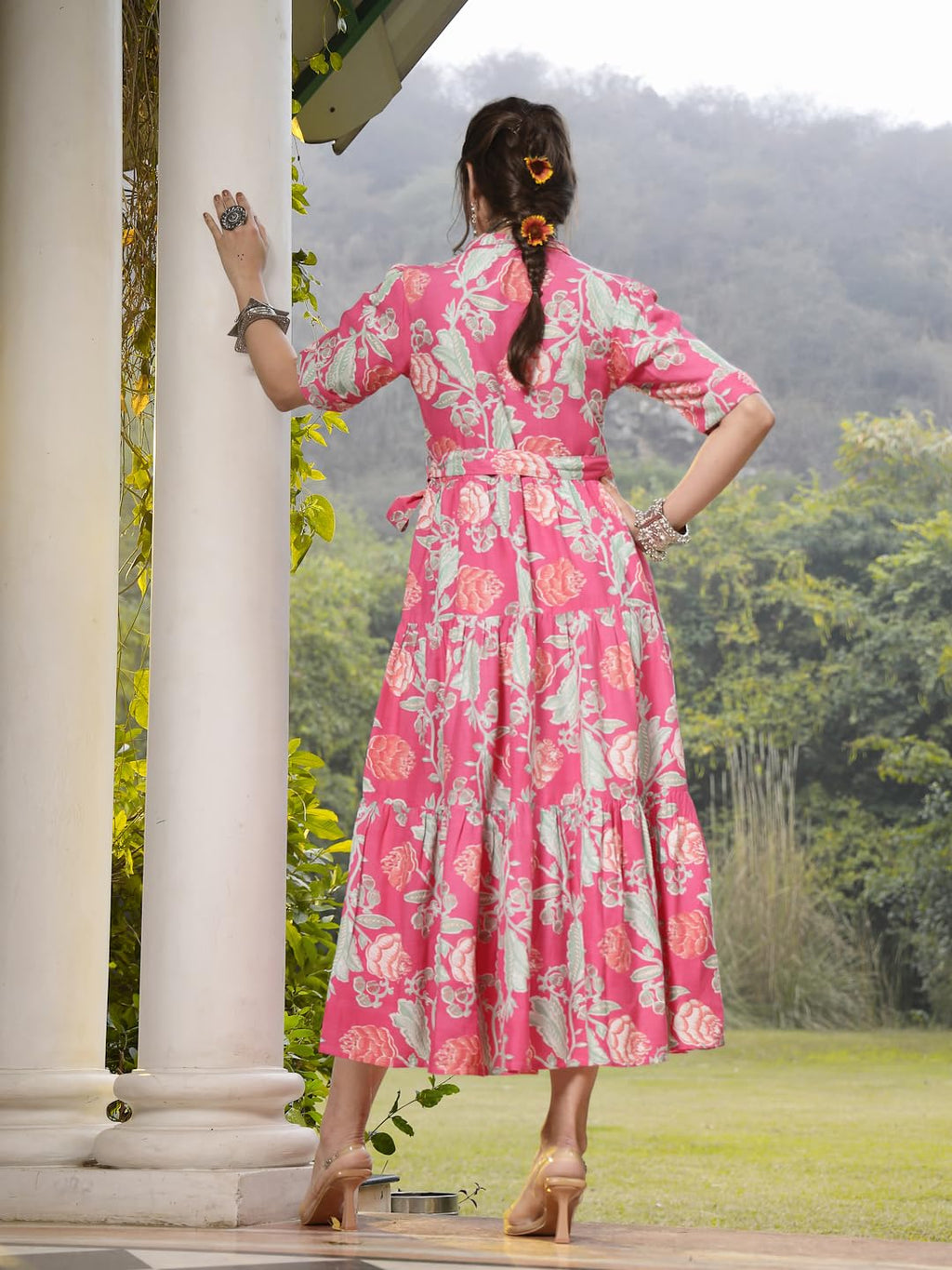 Stylum Womens Pink Floral Printed Rayon Tiered Dress