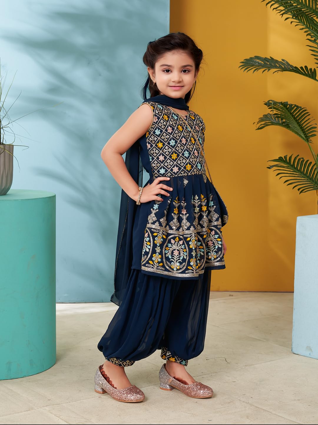 Aarika Girls Ethnic Wear Teal Blue Colour Thread Sequin Embroidery Georgette Kurti Patiala Set With Sling Bag (4-10 Years)