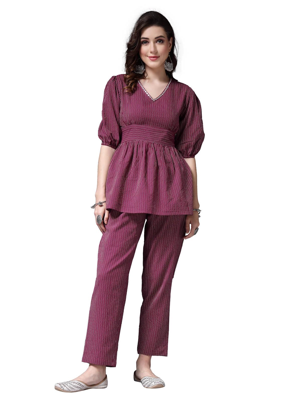 Stylum Womens Self Woven Kantha Cotton Co-Ord Set (WINEKATHACORD44_Wine, XXL)