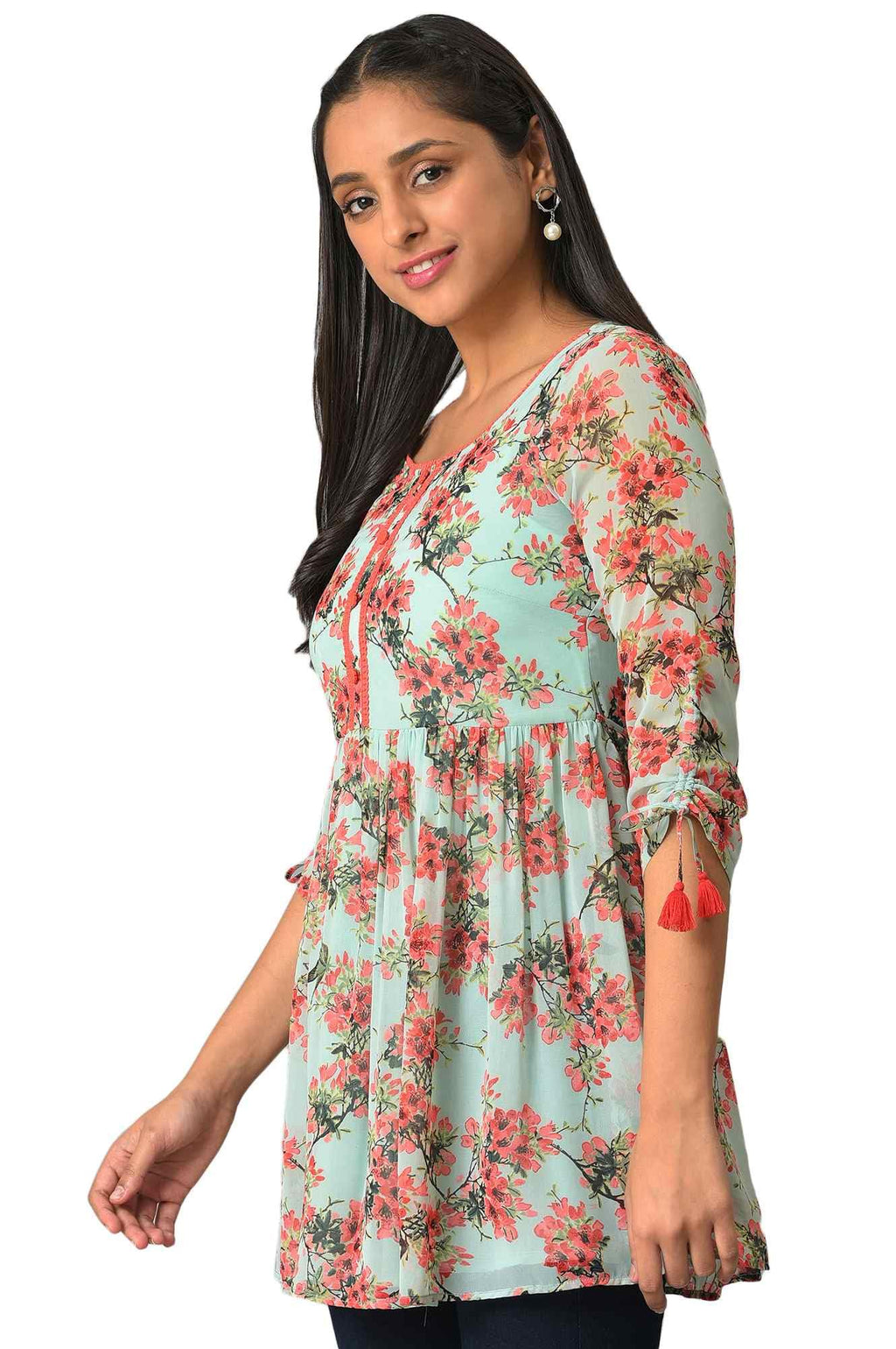 Aurelia Floral Printed Printed Synthetic Regular Green Kurti For Women