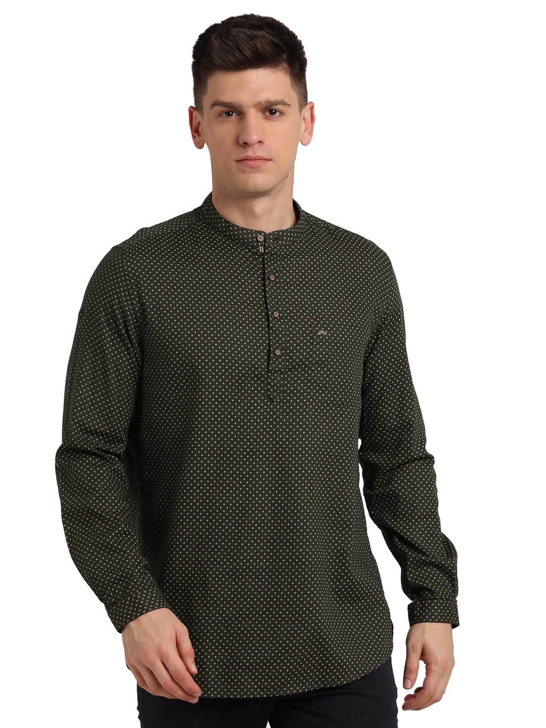 Turtle Men 100% Cotton Dark Green Printed Slim Fit Casual Kurta Shirt