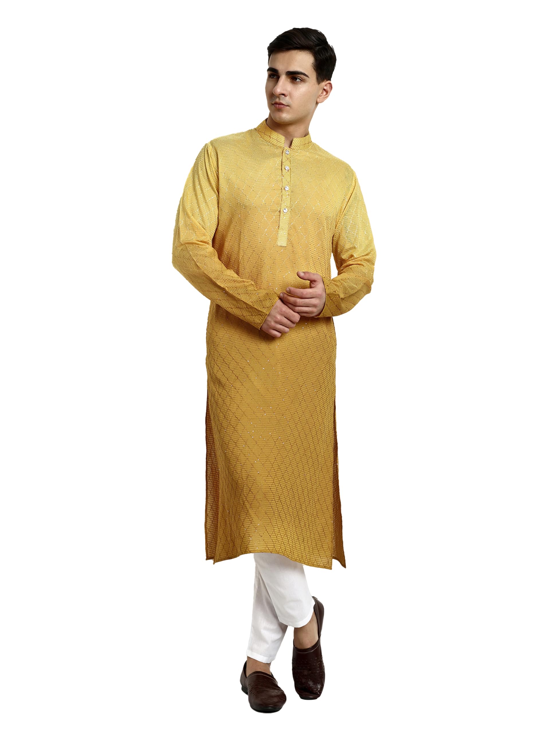 Vardha MenS Cotton Chikankari Embroidered And Sequence Full Sleeve Knee Length Casual Kurta For All Occations Like Wedding, Off