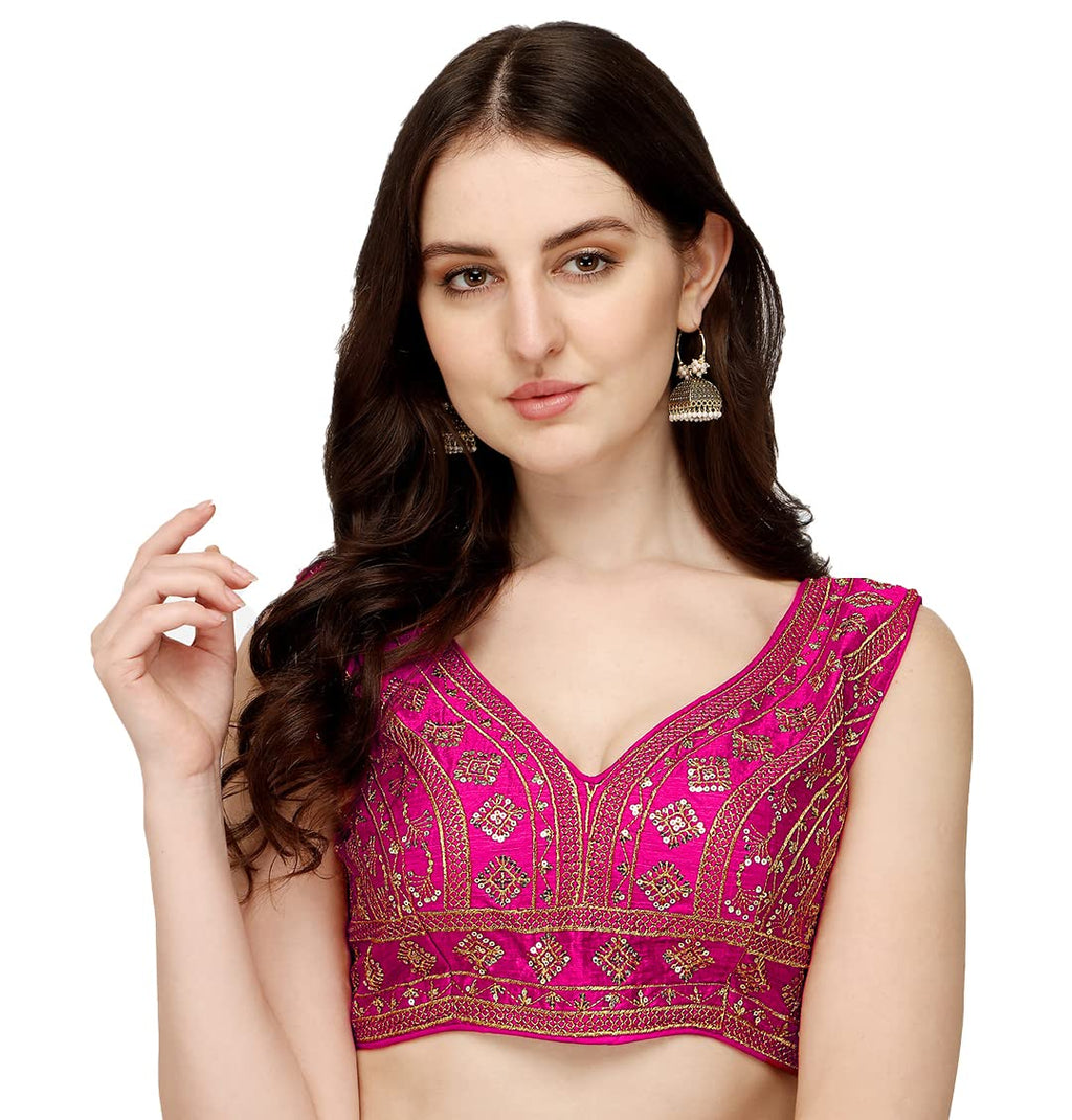 Vihu Fashion WomenS Silk Embroidery Sequins Zari Work Readymade Saree Blouse
