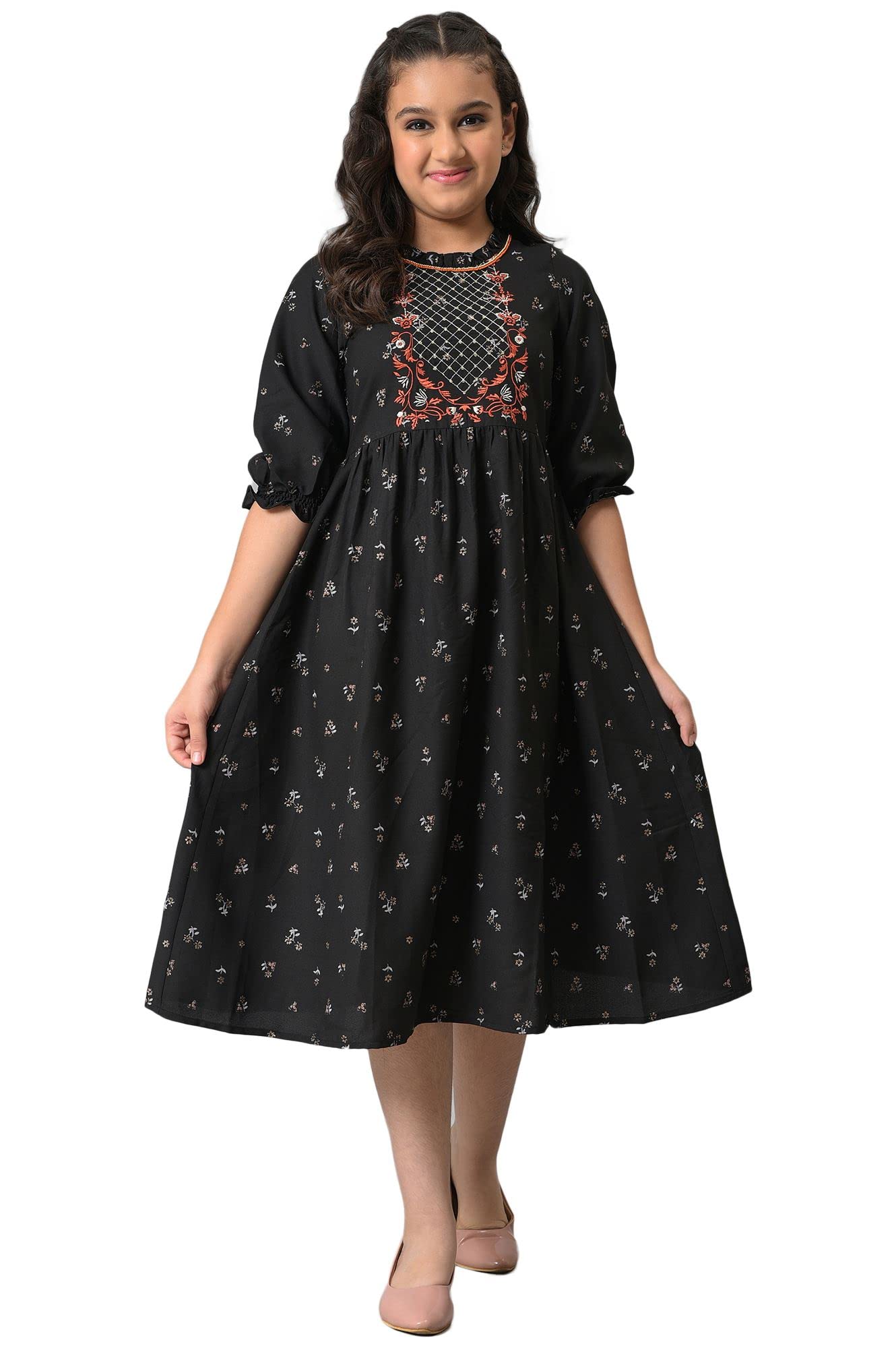 Aurelia Girls Polyester Fit and Flare Knee-Length Casual Dress (22AUG10205B-503991_Black